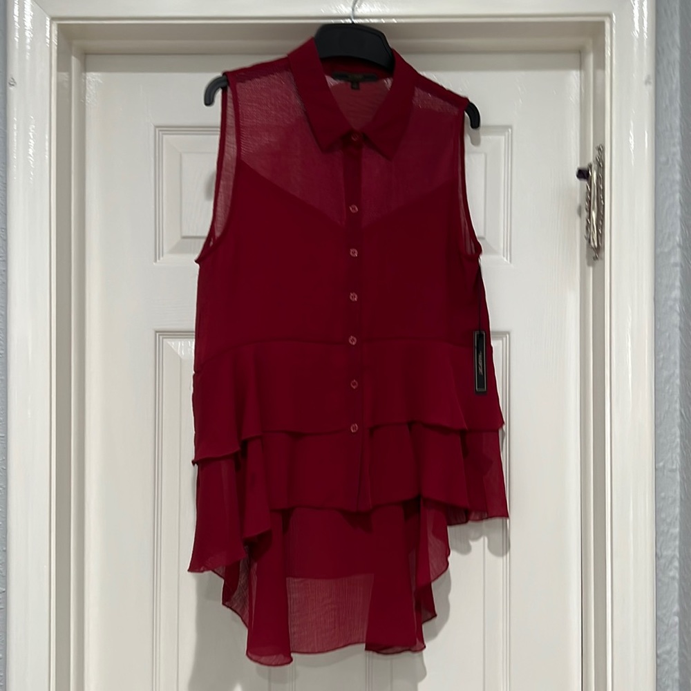 Dark red sheer sleeveless blouse